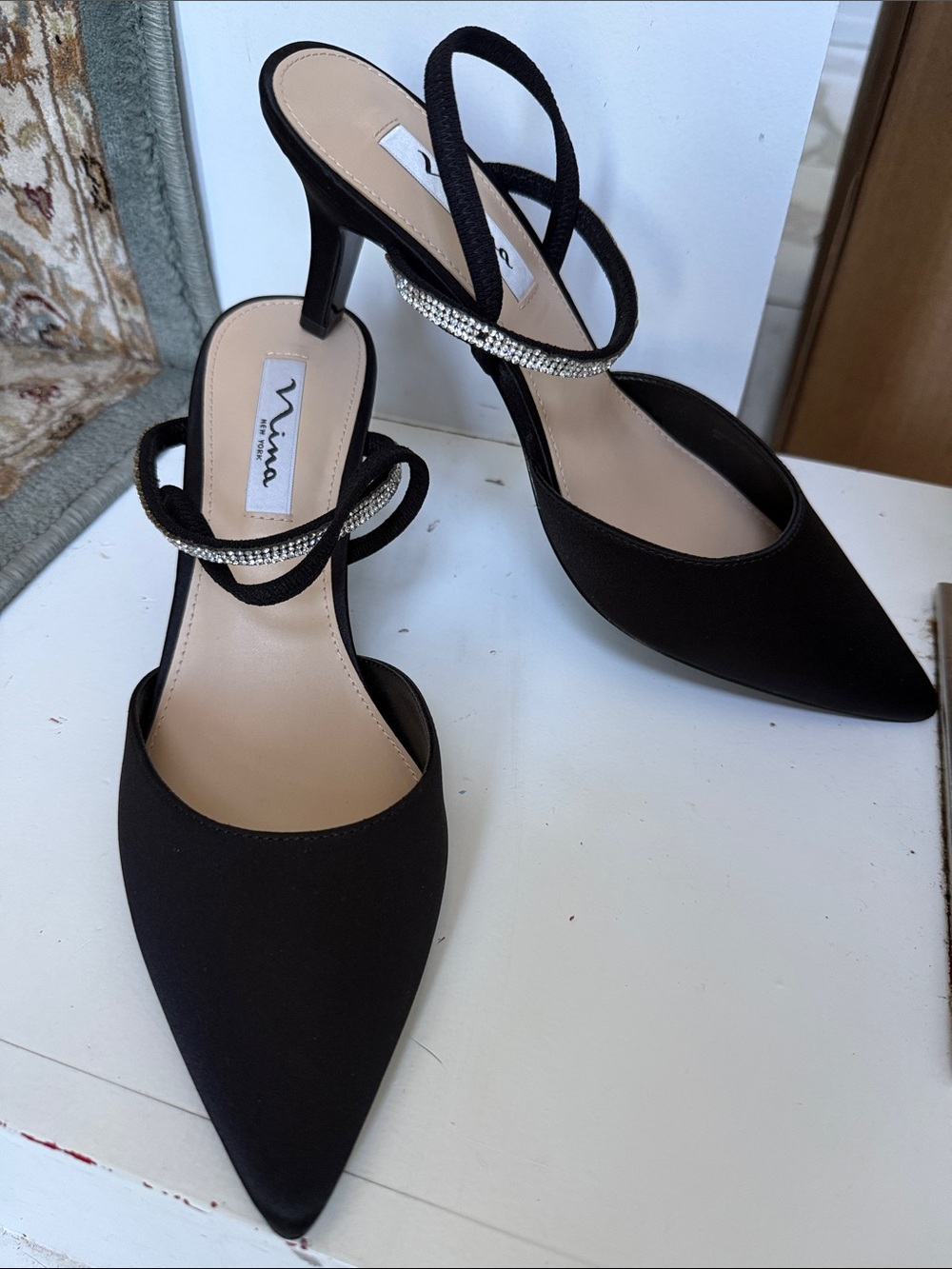 Nina Black Pointed Toe Slingback Heels with Crystal Strap Accent